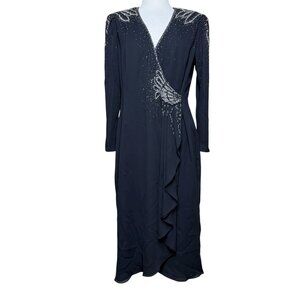 Jack Bryan Vintage Beaded  Wrap Cocktail Dress Silver Beaded Size 10